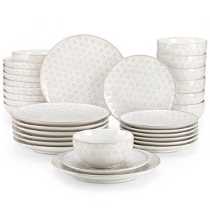 MALACASA LYDIA 32 pièces Service de Table en Porcelaine Terre Cuite émaillée Assiettes et Bols - Blanc de Fleur à Cinq Feuilles