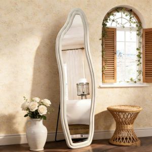 Miroir Mural Miroir Sur Pied 160 x 50 cm - Cadre en Velours - Miroir Vague - Forme Irr&eacute;guli&egrave;re - Grand Miroir Asym&eacute;trique -  Blanc