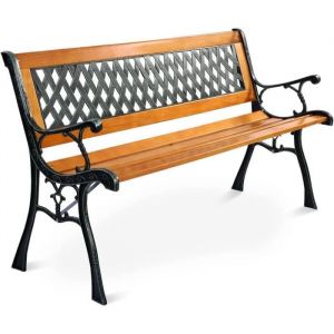 RELAX4LIFE Banc de Jardin en Fonte pour 2-3 Personnes Siège à Lattes en Bois de Pin&Accoudoirs&Pieds Durables Charge Max 210KG