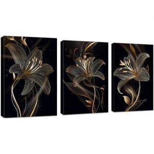 3pcs Fleur de Lys Noir et Or Encadr&eacute; Toile Peinture Florale Noir Or sur Toile Decoration Murale Salon Maison Deco Chambre 30x40cm