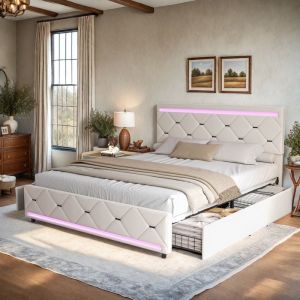 Lit 140x190 cm avec rangement t&ecirc;te de lit avec LED et USB Type-C lit capitonn&eacute; avec 4 tiroirs 2 places Sommier Velours Beige