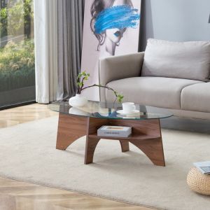 Table basse ovale en verre - 1049x60 cm - Verre de s&eacute;curit&eacute; - Cadre couleur noyer - &Eacute;tag&egrave;re int&eacute;gr&eacute;e