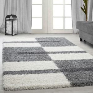 Tapis Shaggy &agrave; Poils Longs pour Salon Design &agrave; Carreaux Doux et Moderne Tapis Gris clair Tapis 140 x 200 cm
