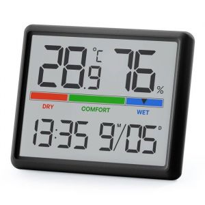 Thermom&egrave;tre hygrom&egrave;tre num&eacute;rique eleBite &Eacute;cran LCD Horloge calendrier Format 12/24h Design magn&eacute;tique Int&eacute;rieur Couleur Noire