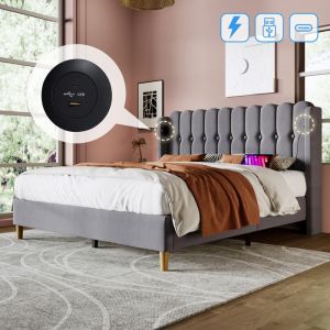 Merax Lit Double 160x200 cm en Lin Gris avec T&ecirc;te Capitonn&eacute;e et Ports USB-C Lit Rembourr&eacute; Moderne pour Chambre et Studio