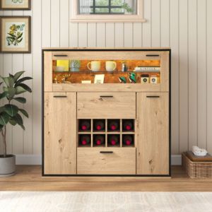 Buffet 110x38x111cm avec élégante cave à vin à double porte cloison vitrée et éclairage LED orientable grand espace de rangement