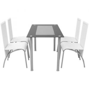 Ensemble de table &agrave; manger 5 pcs Blanc-QIM - Design contemporain - Verre tremp&eacute; - Acier laqu&eacute;
