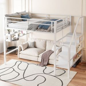 Lit Mezzanine 140x200 cm avec &eacute;Tag&egrave;Re et &eacute;Chelle de Rangement Lit Enfant Double 2 en 1 Lit Simple Rembourr&eacute; avec Barri&egrave;Res Blanc