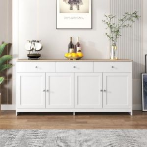 Buffet bahut - Armoire de salon moderne - Buffet en bois blanc veiné - 4 portes 3 tiroirs - Blanc - 160*37*75cm