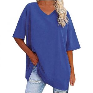 T-shirt - Coton - Col V - Manches Courtes - Femme - Bleu