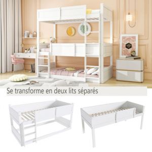 Lit superposé triple 90x200 cm avec 3 places -  lit enfant avec sommier à lattes - en bois massif - design haute clôture - blanc