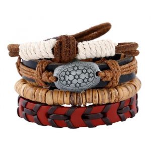 RMEGA&reg; Coffret Cadeau 4PCS Bracelets Cuir pour Homme Femme Tress&eacute; Bracelet Manchette Corde Bracelet Vintage R&eacute;glable Marron