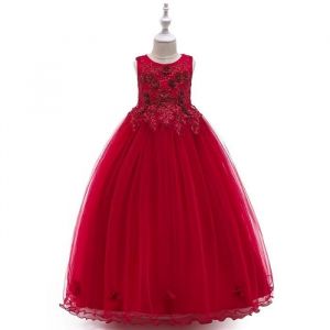 Robes Longue de Cérémonie Princesse Fille en Dentelle Sans Manches Robe Brodée de Soirée Mariage 4-14 Ans - Rouge