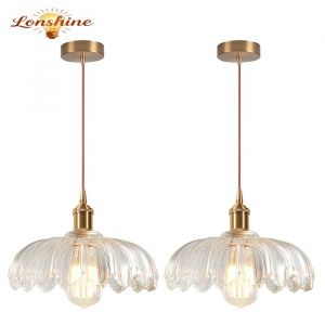 LONSHINE 2X Suspension en Verre Vintage E27 Luminiare Abat-jour &Oslash;25cm en Verre Transparent R&eacute;tro Lustre pour Salle &agrave; Manger