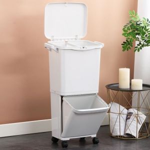 Poubelle 45L Poubelle Cuisine Tri S&eacute;lectif Collecteur de D&eacute;chets 2 Seaux en Plasatique Double Compartiment &agrave; Roulettes