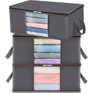 Lot de 3 Sac de Rangement Vetement 35L Bo&icirc;te de Rangement sous lit Pliable Housse Rangement Couette Organisateur de Placard Gris