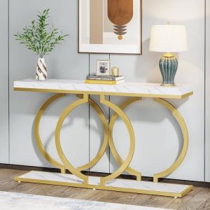 Table Console Moderne en Bois Laqué de 140 cm - Tribesigns - Pieds en métal doré en Forme de O