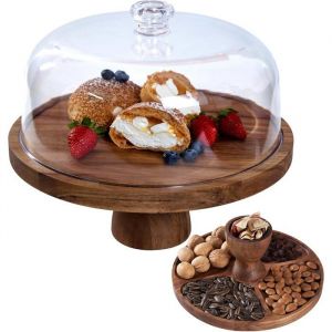 Pr&eacute;sentoir &agrave; g&acirc;teaux rond 30 cm en bois dacacia avec couvercle 2 en 1 pour desserts fromages charcuterie fruits