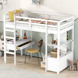 Lit mezzanine 90x200 cm en pin lit combiné avec tiroirs et bureau blanc