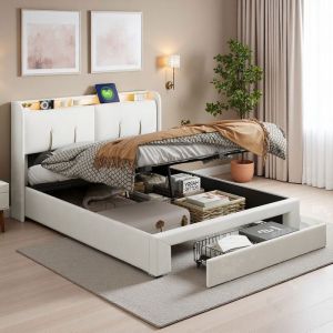 Cadre de lit 160x200 cm - Sommier - Style scandinave - Avec tiroirs - DAIDAI - Velours Beige - LED et USB - Lit adulte 160x200 cm