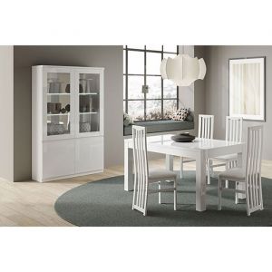 DEYTON - Ensemble S&eacute;jour Laqu&eacute; Blanc Table 160cm + Vitrine avec Leds