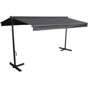 Store double pente FRENE sur pieds 395 x 3 m - Toile anthracite et structure grise