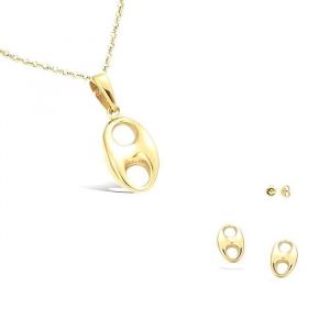 Parure Bijoux - Femme - Boucles dOreilles Puces - Chaîne et Pendentif - Grain de Café - Or Jaune GF 750* - 4 Pièces