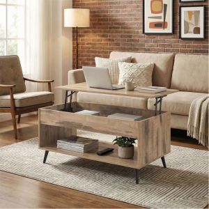 Table Basse avec Plateau Relevable V&eacute;rin &agrave; Gaz Rangement pour Salon Bureau Salle &agrave; Manger Marron Camel et Noir dEncre