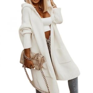 Cardigan Femme Pull Cardigan Long en Tricot Veste Ouvert pais Manches Longues Pull Gilet Chaud Casual Capuche blanc