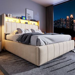 Lit Double Adulte 160x200 cm Capitonné - LED et USBLit Coffre Hydraulique tête de lit avec étagères et rangements - tissu lin