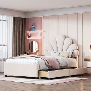 Lit Enfant 90 X 200cm Lit 1 Personne Avec 2 Compartiments De Rangement T&ecirc;Te De Lit Et Sommier &agrave; Lattes Fleuries Lit Simple  Beige