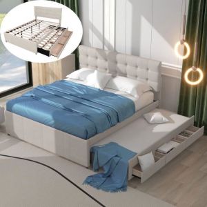Lit double 140x200 cm avec lit gigogne 90x200 cm 3 tiroirs Sommier à lattes tête de lit réglable rembourré en lin beige