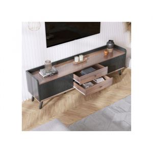 Lemonbest Meuble TV avec 2 tiroirs - Meuble TV bas avec 2 portes coulissantes - Texture exquise - Noir et naturel - 58 x 160 x 40