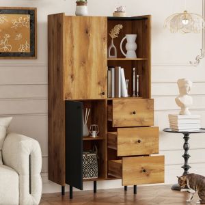Buffet 160 cm de haut avec 2 portes 3 tiroirs et des étagères ouvertes - SWEIKO - Noir+Bois