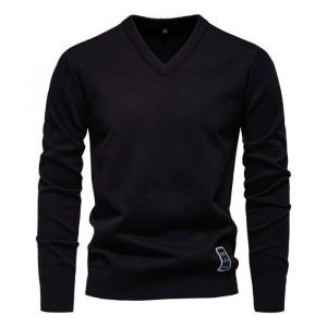 Pull HommePull Homme Col V en Maille Fine de CotonPull Col V Homme &agrave; Manches Longues Coupe Classique-Noir