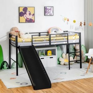 DREAMDE Lit Superposé Lit Mezzanine Enfant avec Toboggan Amovible Échelle et Clôture Lit Combine en Acier pour Chambre Noir