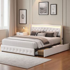 Lit Double 160x200 avec Sommier & 4 Tiroirs - LED/Blanc PU Brillant + Ports USB  Design Minimaliste Lumineux & Gain de Place