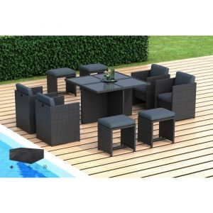 AZUR - Salon de jardin encastrable 8 places - en r&eacute;sine tress&eacute;e - Noir avec coussins gris - HOUSSE INCLUSE !