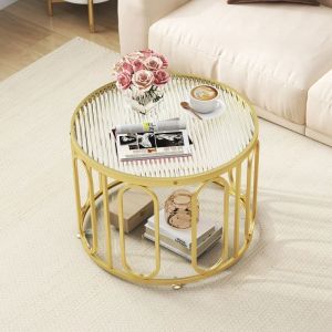 COSTWAY Table Basse Rond à 2 Niveaux Plateau en Verre Trempé Support Pivotant Ovale Table dAppoint Or avec Etagère de Rangement