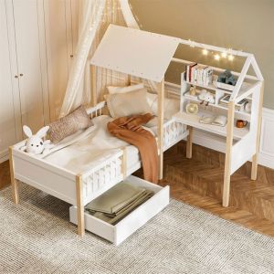 Lit Cabane Enfant 90x200 pour Fille Garcon - Lit Montessori avec Bureau en L - Tiroir de Rangement - Étagère - Barrière - Blanc