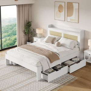 Lit coffre 140x200 cm lit double en bois massif lit adulte décoration rotin avec 4 tiroirs et étagère de chevet blanc