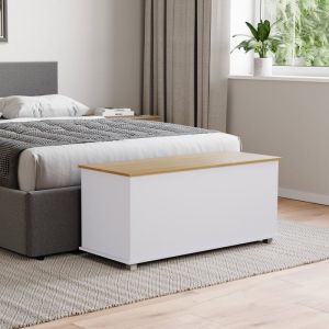 Banc coffre de rangement Arlington blanc et chêne – Repose-pieds tabouret banc en bois avec espace de rangement pour lit