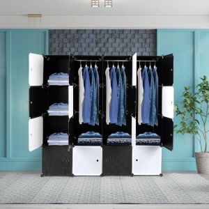 Armoire de Chambre Rangement avec 3 tringles &agrave; v&ecirc;tements16 Cubes 5 &eacute;tages Armoire Portable DIY Modulaire en Plastique