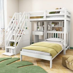 Lit superposé 90 x 200 cm Lit enfant multifonctionnel avec bureau et étagères lit double étage avec sommier à lattes Pin - Blanc