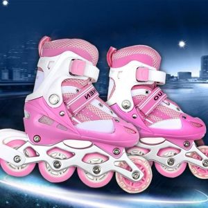 Roller en ligne patins &agrave; roulettes ajustables pour enfants Single Flash - Rose - Taille S