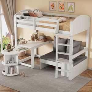 Lit mezzanine enfant - Multifonctionnel - Blanc - 90x200 cm - Table extensible - Canap&eacute; rangement