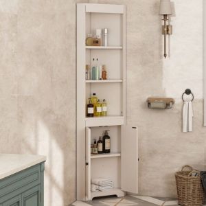 colonne - armoire sdb Armoire salle de bain blanche 3 compartiments ouverts - Portes doubles &eacute;tanches - &Eacute;tager coulissante