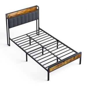 Structure de Lit Bealife Lit Capitonn&eacute; en M&eacute;tal - Lit 120x200 cm - T&ecirc;te de lit - Sommier &agrave; Lattes - Rangement - Gris Fonc&eacute;