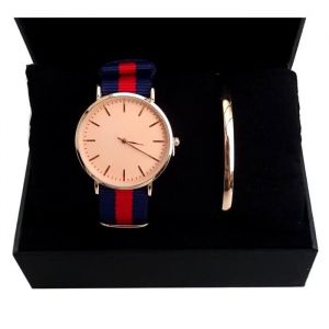 COFFRET BOX ID&Eacute;E CADEAU FEMME MONTRE TISSU RAYURE BLEU ROUGE BRACELET ROSE GOLD