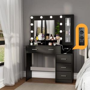 Coiffeuse Miroir et LED - HOMDOX - Coiffeuse avec miroir et Station de Charge 10 Ampoules LED à Luminosité Réglable 4